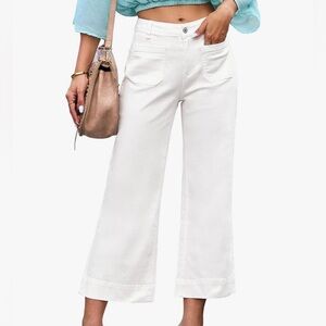 White Wide-Leg Cropped Flare Jeans - High Waisted stretchy with patch pockets